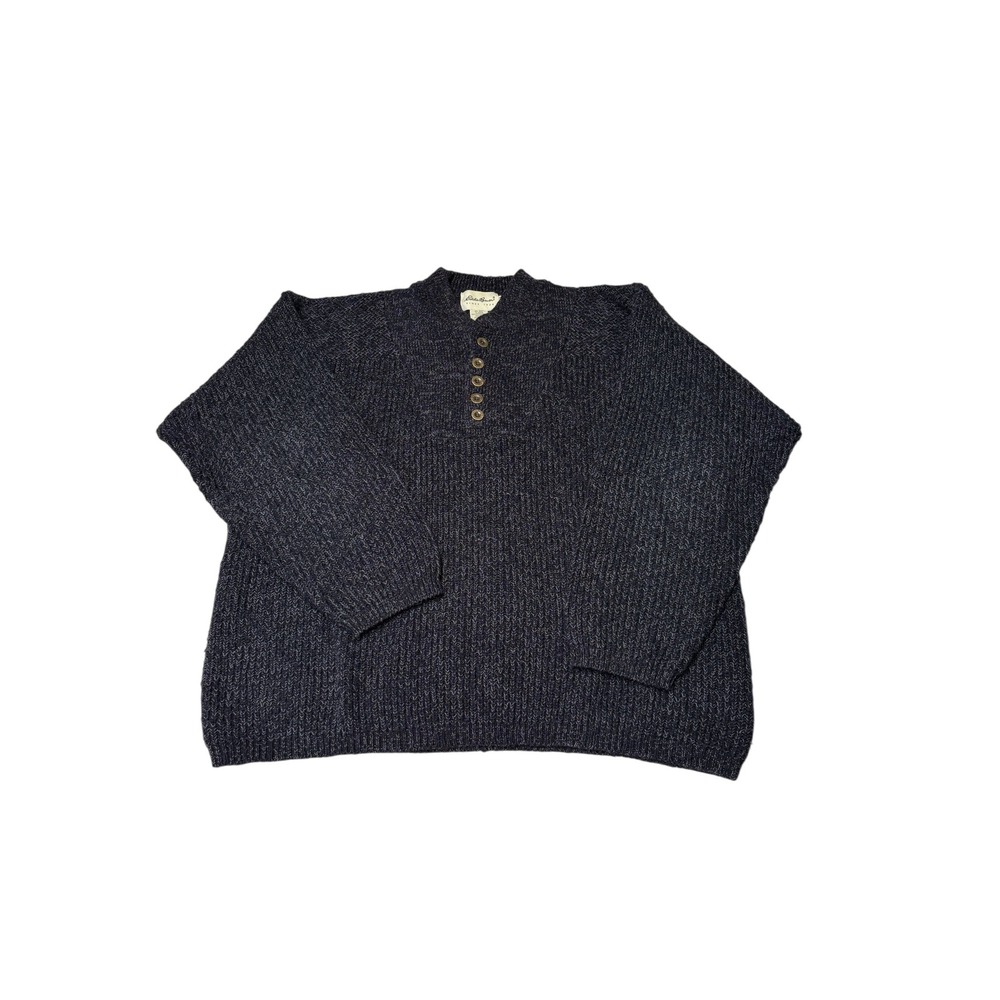 Eddie Bauer Mens XL Tall Gray Speckled Cotton Fisherman Knit Henley Sweater